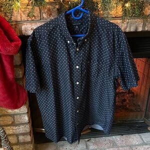 Tommy Hilfiger Navy Short Sleeve Button Down Shirt White Pattern Mens Size XL